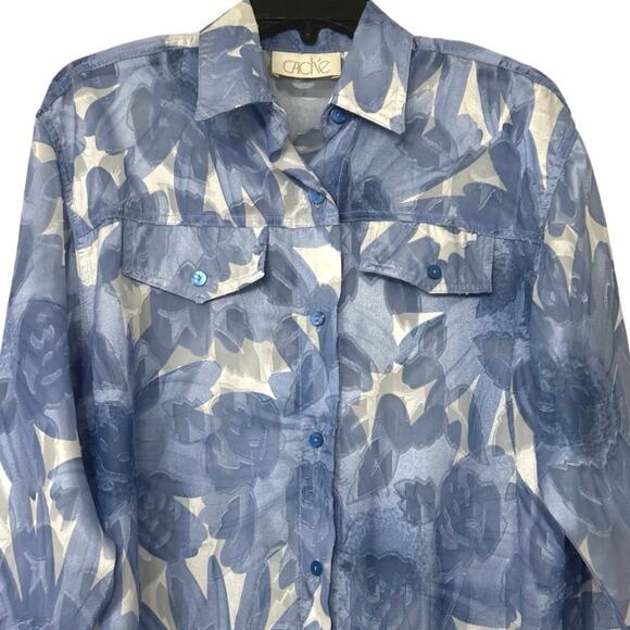 Caché Vintage Sheer Floral Button Down Blouse M Blue White Oversized Whimsical - Picture 3 of 11